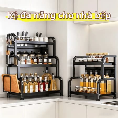 Kệ Gia Vị Nhà Bếp 2 3 Tầng Kệ Để Chai Lọ Dầu Gia Vị Kèm Giá Để Dao Thớt Thép Sơn Tĩnh Điện
