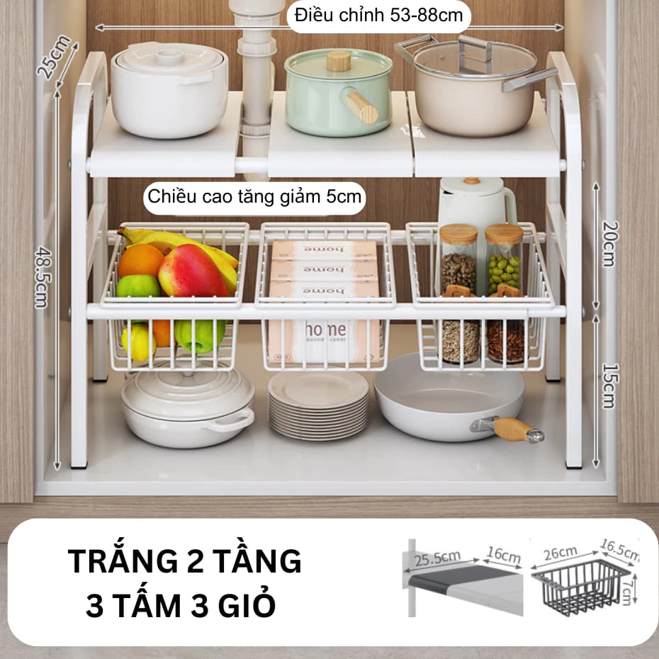 Kệ gầm bếp lưu trữ đồ dùng dụng cụ nhà bếp để kèm giỏ đựng đồ tiện lợi cho gia đình Easy Stuff