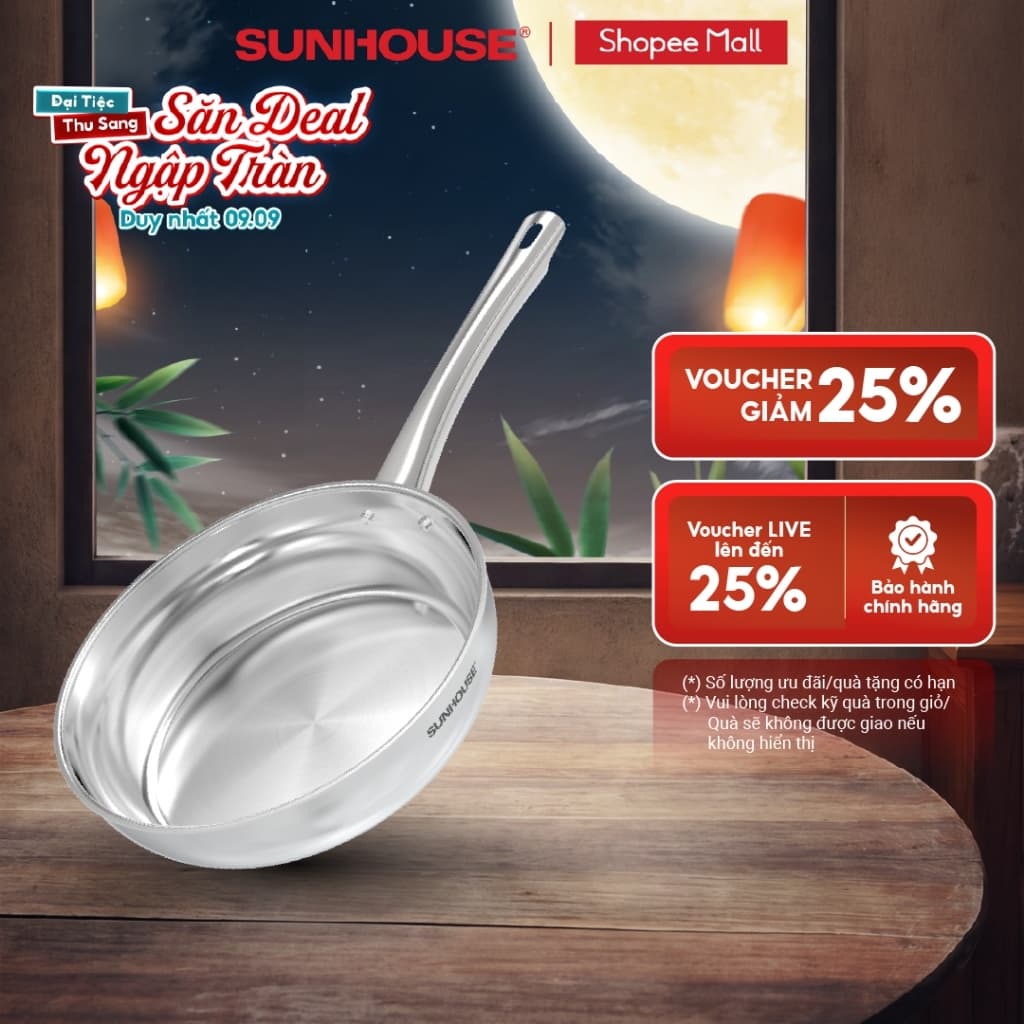 [Mã độc quyền online] Chảo inox 304 đa lớp Sunhouse IN20-24-26M7E - 3 lớp inox liền khối - Dùng mọi loại bếp